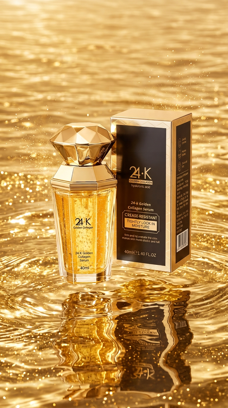 SADOER 24K Golden Collagen Serum bottle and box on golden water
